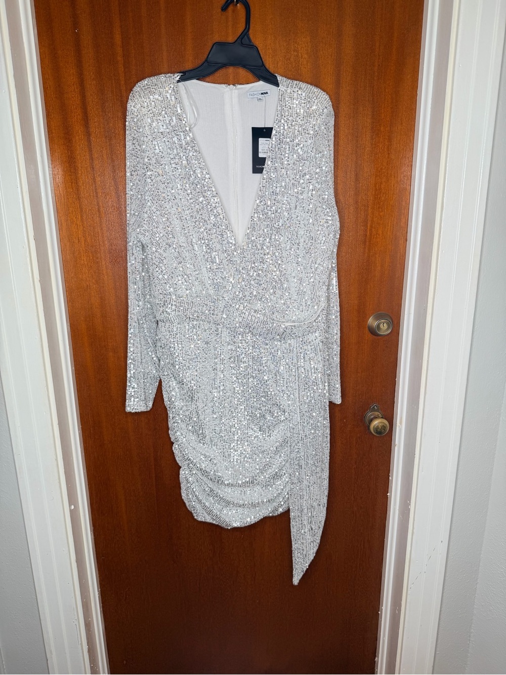 Fashion Nova Silver Sequin Long-Sleeve Wrap Dress